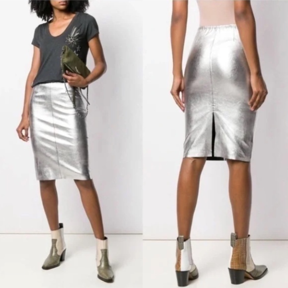 NEW ZADIG & VOLTAIRE DELUXE WOMENS 100% LAMB LEATHER JADEN SILVER PENCIL SKIRT - Picture 2 of 7
